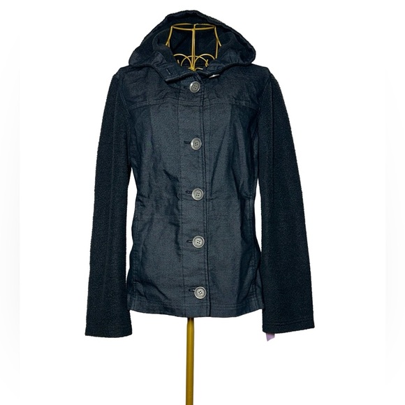 Prana Mixed Media Toni Jacket in Dark Indigo with Warm Arms in Black & Hoodie, S - Picture 4 of 16